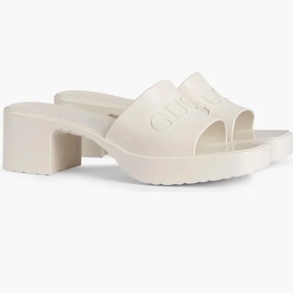Gucci Double GG Logo Rubber Platform Block Heel Mules Slides Sandals Shoes - Picture 1 of 16